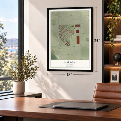 Malaga, California map, 18 x 24 inch print in a black frame in a home office