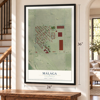 Malaga, California map, 24 x 36 inch print in a black frame by a staircase
