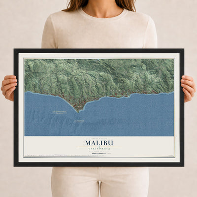 Map of Malibu, California, 12 x 18 inch print in a black wood frame