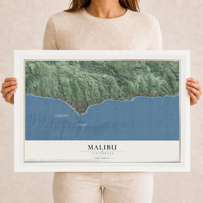 Map of Malibu, California, 12 x 18 inch print in a white wood frame