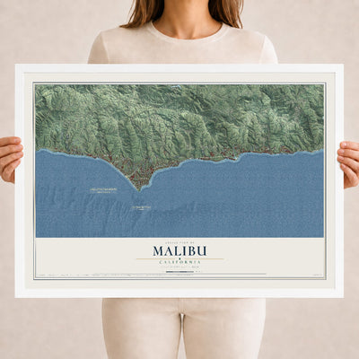 Map of Malibu, California, 18 x 24 inch print in a white wood frame