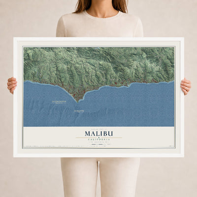 Map of Malibu, California, 24 x 36 inch print in a white wood frame