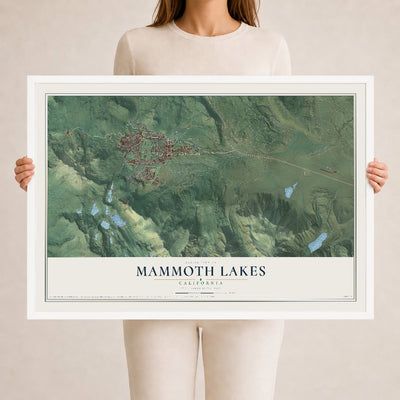 Map of Mammoth Lakes, California, 24 x 36 inch print in a white wood frame