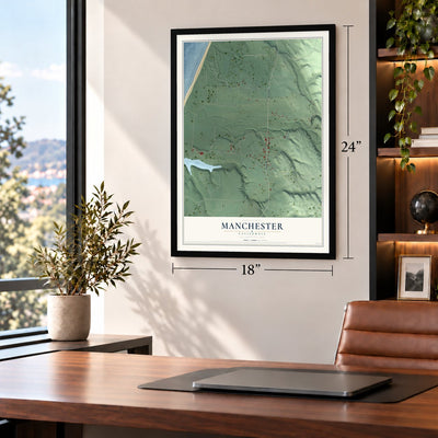 Manchester, California map, 18 x 24 inch print in a black frame in a home office