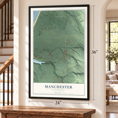 Manchester, California map, 24 x 36 inch print in a black frame by a staircase