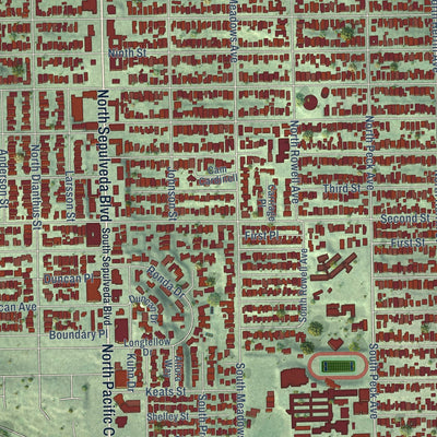 Close-up of the map of Manhattan Beach, California print showing street and building detail