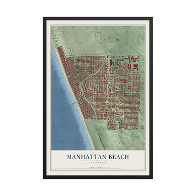 Map of Manhattan Beach, California, 12 x 18 inch print in a black wood frame