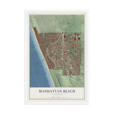 Map of Manhattan Beach, California, 12 x 18 inch print in a white wood frame