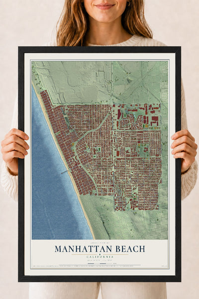 Map of Manhattan Beach, California, 18 x 24 inch print in a black wood frame