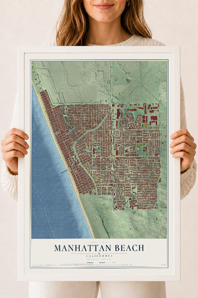 Map of Manhattan Beach, California, 18 x 24 inch print in a white wood frame