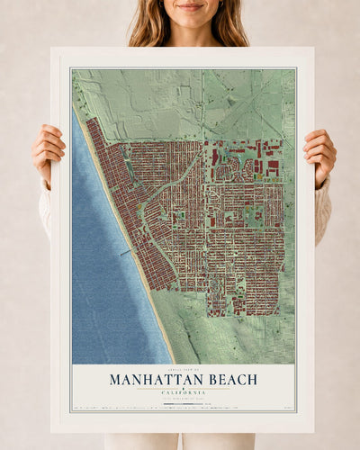 Map of Manhattan Beach, California, 24 x 36 inch print in a white wood frame