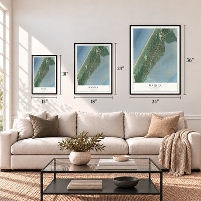 Manila, California map in 12 x 18, 18 x 24 and 24 x 36 inch sizes above a sofa