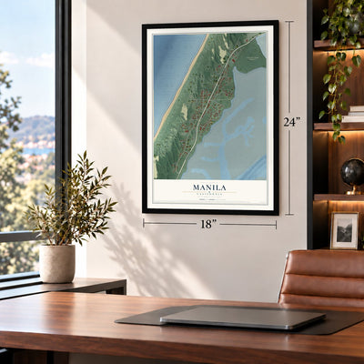 Manila, California map, 18 x 24 inch print in a black frame in a home office