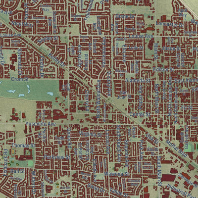 Close-up of the map of Manteca, California print showing street and building detail