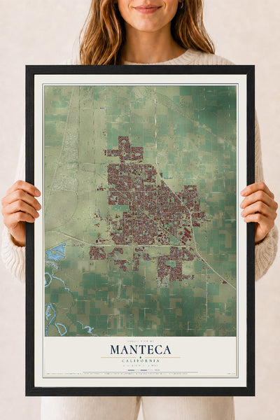 Map of Manteca, California, 18 x 24 inch print in a black wood frame