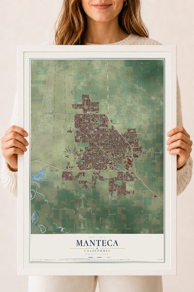 Map of Manteca, California, 18 x 24 inch print in a white wood frame