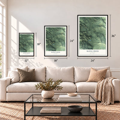 Maple Creek, California map in 12 x 18, 18 x 24 and 24 x 36 inch sizes above a sofa