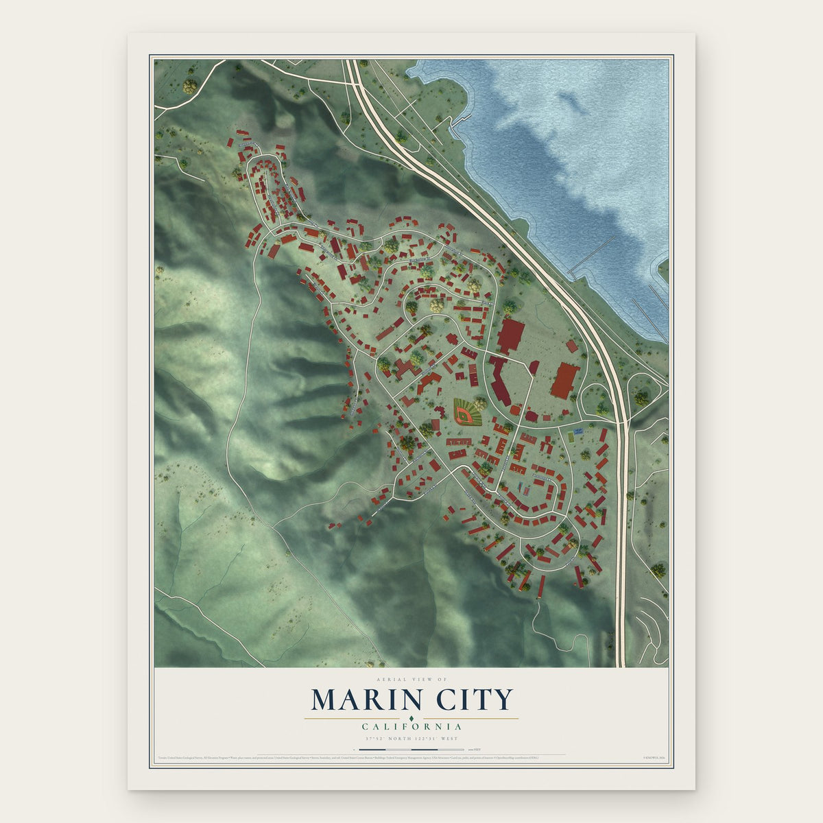 Marin City, California map print, the full design