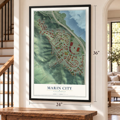 Marin City, California map, 24 x 36 inch print in a black frame by a staircase