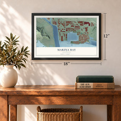 Marina Bay, California map, 12 x 18 inch print in a black frame in an entryway