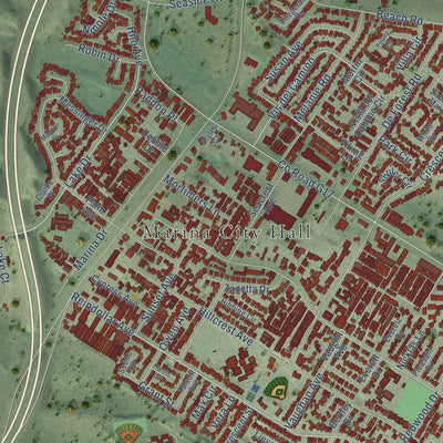 Close-up of the map of Marina, California print showing street and building detail