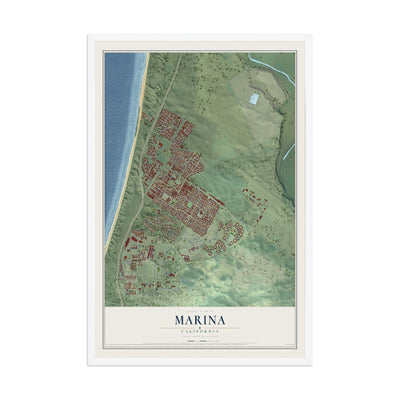 Map of Marina, California, 12 x 18 inch print in a white wood frame