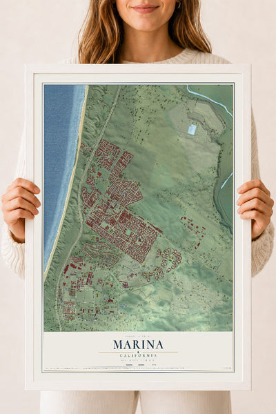Map of Marina, California, 18 x 24 inch print in a white wood frame
