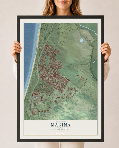 Map of Marina, California, 24 x 36 inch print in a black wood frame