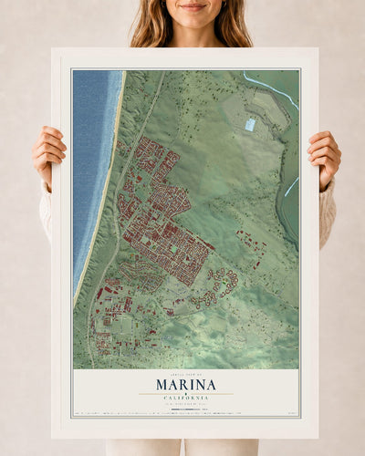 Map of Marina, California, 24 x 36 inch print in a white wood frame