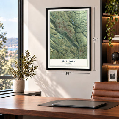 Mariposa, California map, 18 x 24 inch print in a black frame in a home office