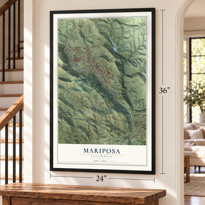 Mariposa, California map, 24 x 36 inch print in a black frame by a staircase