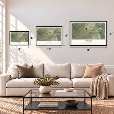 Martell, California map in 12 x 18, 18 x 24 and 24 x 36 inch sizes above a sofa