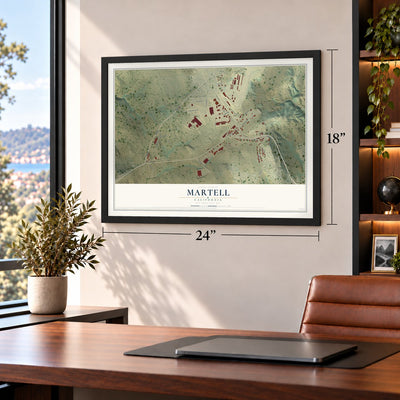 Martell, California map, 18 x 24 inch print in a black frame in a home office