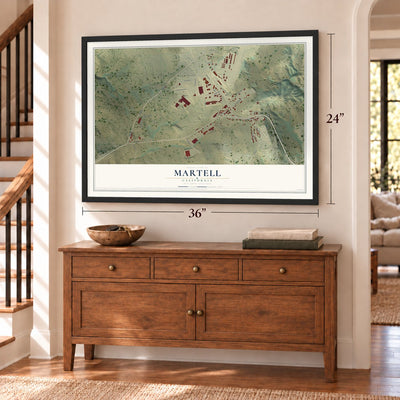 Martell, California map, 24 x 36 inch print in a black frame above a dresser by a staircase