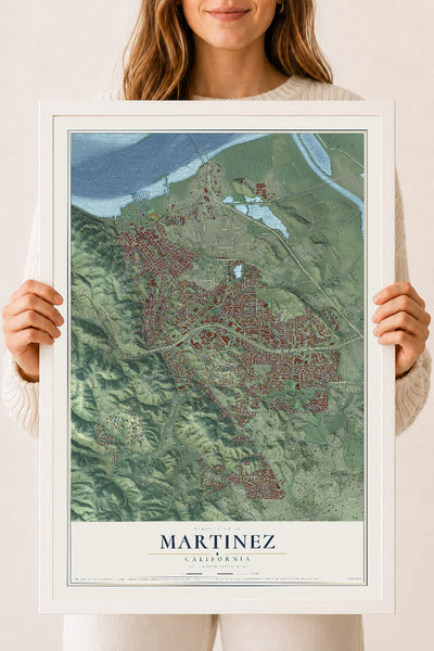 Map of Martinez, California, 18 x 24 inch print in a white wood frame