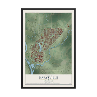 Map of Marysville, California, 12 x 18 inch print in a black wood frame