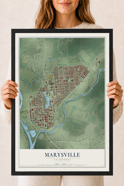 Map of Marysville, California, 18 x 24 inch print in a black wood frame