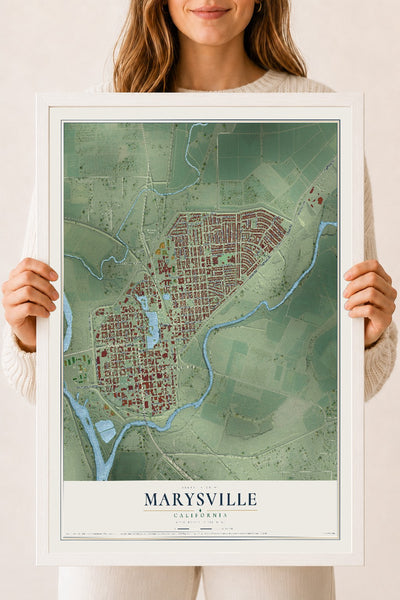 Map of Marysville, California, 18 x 24 inch print in a white wood frame