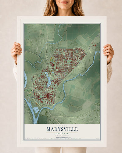 Map of Marysville, California, 24 x 36 inch print in a white wood frame