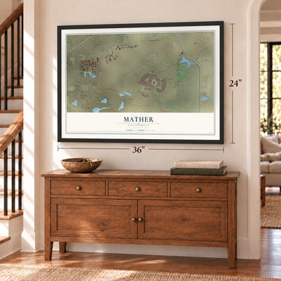 Mather, California map, 24 x 36 inch print in a black frame above a dresser by a staircase