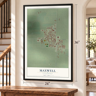 Maxwell, California map, 24 x 36 inch print in a black frame by a staircase