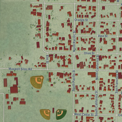 Close-up of the map of Maxwell, California print showing street and building detail