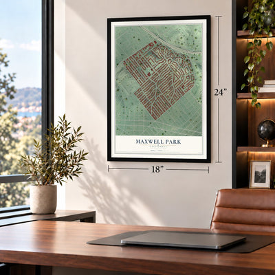 Maxwell Park, California map, 18 x 24 inch print in a black frame in a home office