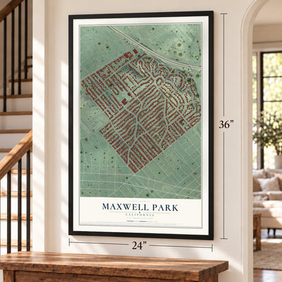 Maxwell Park, California map, 24 x 36 inch print in a black frame by a staircase