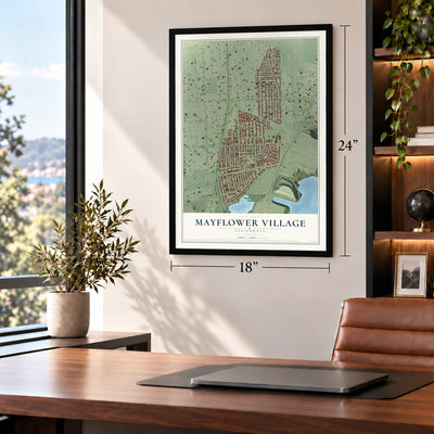 Mayflower Village, California map, 18 x 24 inch print in a black frame in a home office