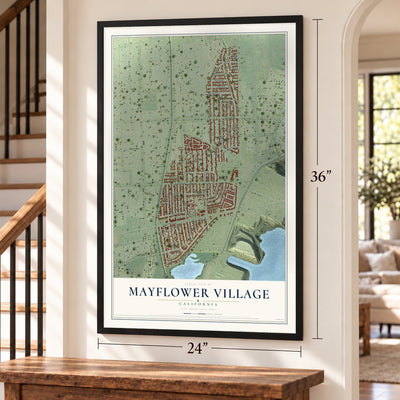 Mayflower Village, California map, 24 x 36 inch print in a black frame by a staircase