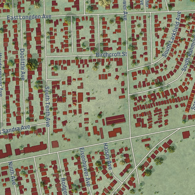 Close-up of the map of Mayflower Village, California print showing street and building detail