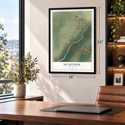 McArthur, California map, 18 x 24 inch print in a black frame in a home office