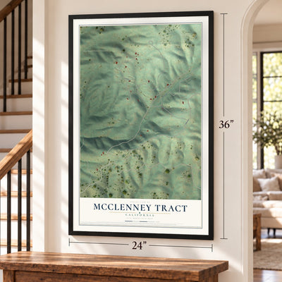 McClenney Tract, California map, 24 x 36 inch print in a black frame by a staircase