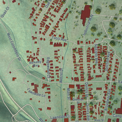 Close-up of the map of McCloud, California print showing street and building detail